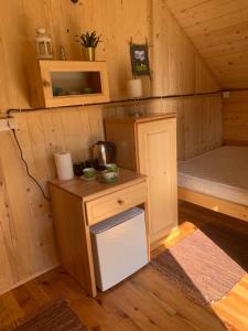 a room with a bed and a desk in a cabin at Oaza mira, Kokin Brod in Nova Varoš