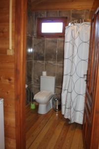 a bathroom with a toilet and a shower curtain at Sakin Vadi Winehouse in Orhaniye +34 photos