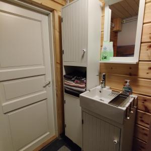 a small bathroom with a sink and a mirror at Uusi Saunamökki Jämsässä, lähellä Himosta in Jämsä