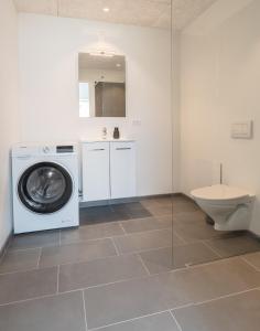 uma casa de banho com uma máquina de lavar roupa e um WC em Brand New / Airport / RentYourCar / Free Parking em Miðvágur
