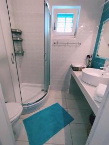 ein Bad mit einer Dusche, einem WC und einem Waschbecken in der Unterkunft Apartment Garden, Korcula in Blato