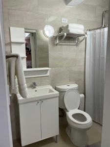 La salle de bains est pourvue de toilettes, d'un lavabo et d'un miroir. dans l'établissement Palmas View Premium 5, à Candelero Arriba