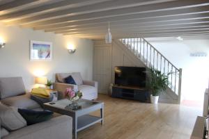 a living room with a couch and a tv at Ryelands Cottage in Totnes