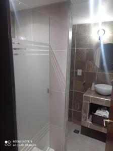 ein Bad mit einer Dusche und einem Waschbecken in der Unterkunft Mágnum Apartments Studio in Mendoza