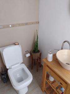 La salle de bains est pourvue de toilettes et d'un lavabo. dans l'établissement Los colibries, à San Pedro