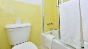 une salle de bain avec des toilettes blanches et une douche dans l'établissement Sun Plaza Motel, à Silver Springs 17 autres photos