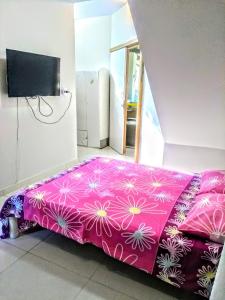 Cama rosa en habitación con TV de pantalla plana en Pousada Cantinho da Tia Sandra- suite 7, en São Francisco do Sul