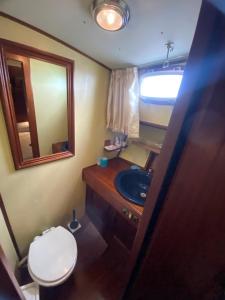 bagno con servizi igienici, lavandino e specchio di delphin 4 odysea it a Sanremo