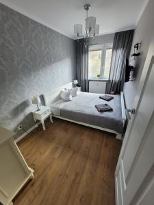 - une chambre avec un lit et une fenêtre dans l'établissement Apartament Centrum 1 Maja 35D VIP, à Szklarska Poręba