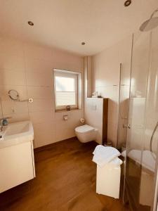 uma casa de banho com um WC, um lavatório e um chuveiro em Ferienwohnungen MEERAUSZEIT Norddeich em Norddeich