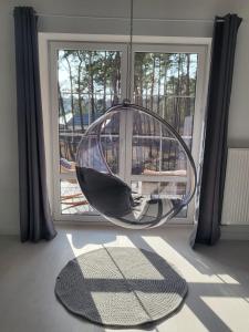 wiszący hamak w pokoju z oknem w obiekcie PRZYTULNY APARTAMENT Z KOMINKIEM PRZY JEZIORZE w Bornem-Sulinowie