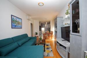 salon z niebieską kanapą i telewizorem w obiekcie Apartment Marinovic w Makarskiej