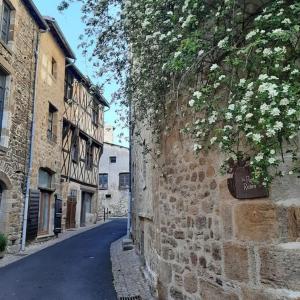 a stone wall with a tree with white flowers on it at Maison de ville in Vic-le-Comte
