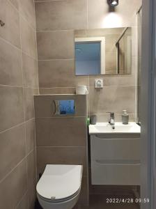 La salle de bains est pourvue de toilettes et d'un lavabo. dans l'établissement Krynica - pokoje, à Krynica Morska