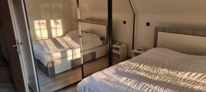 Montigny-lès-CormeillesにあるLa Villa Jacuzzi et Cinéma "LES 300" à 15 min de Paris JO 2024 et du Stade de France TARIFS PRIVILEGES SEMAINE OU MOIS DISPONIBLEのベッド2台と鏡のある寝室