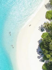 a beach with a couple of surfers on it at Royal Island Resort at Baa Atoll Biosphere Reserve in Baa Atoll