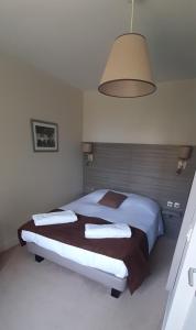 um quarto com uma cama grande e um candeeiro grande em Logis Auberge des Aulnettes em Houlgate