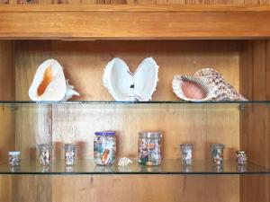a shelf with glass jars and birds on it at Minshuku Yadokari in Zamami