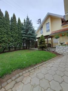 a house with a grass yard and a driveway at Pensiunea Irina in Tilişca