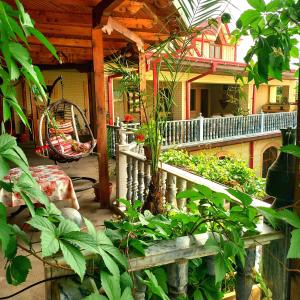 une terrasse couverte d'une maison ornée de plantes dans l'établissement Hotel Rahmon, à Samarcande