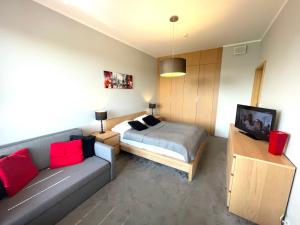 Televízia a/alebo spoločenská miestnosť v ubytovaní APARTAMENT z 3 SYPIALNIAMI PRZY PLAŻY