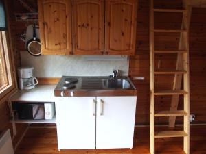 - une petite cuisine avec un évier et une échelle dans l'établissement Pinetree Cottages Cabin with loft, à Pyhäranta
