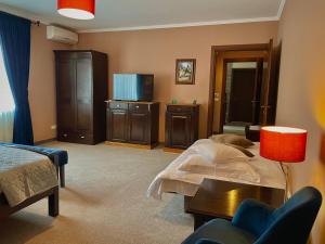 a hotel room with a large bed and a television at Pensiunea Marylou in Alba Iulia