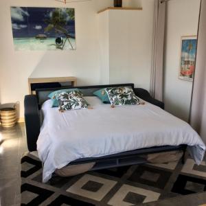 un letto con due cuscini sopra in una stanza di bienvenue chez Alain et Marie a Antibes Altre 26 foto