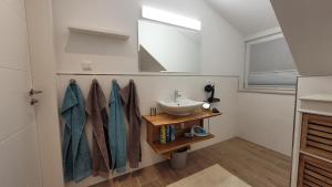 a bathroom with a sink and a mirror at Ferienwohnung Festungsblick Königstein in Königstein an der Elbe +26 photos