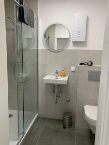 a bathroom with a shower and a sink and a mirror at The HIKER City Apartment in Koblenz