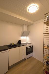 a kitchen with a sink and a stove at Cosy apartment near beach, marina & city centre in Tórshavn