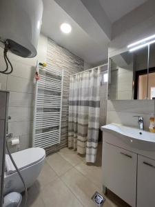 een badkamer met een wastafel, een toilet en een douche bij Oasis Royal Apartments in Sarajevo