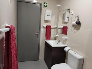 un bagno con un water, un lavandino e uno specchio di Maison de vacances et week-end, 2 a Esposende Altre 17 foto