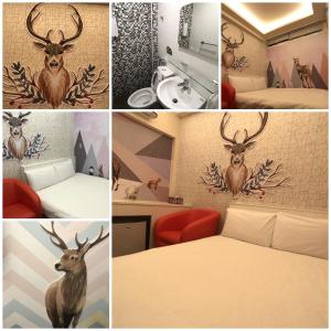 a collage of pictures of a hotel room with a deer on the wall at Fantastic Hostel in Taichung