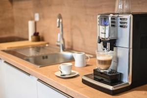 ekspres do kawy na blacie kuchennym z filiżanką kawy w obiekcie Apartmán Mija w mieście Frymburk +11 zdjęć
