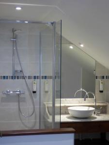 a bathroom with a glass shower and a sink at Hôtel La Tonnellerie in Beaugency