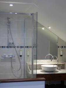 a bathroom with a glass shower and a sink at Logis Hôtel La Tonnellerie in Beaugency