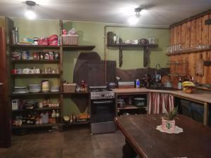 uma cozinha com uma mesa, um fogão e prateleiras em Noclegi Kamionka em Cisna