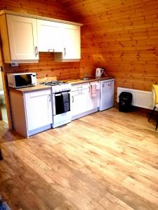 a kitchen with white appliances and wooden walls at Tollymore Luxury log cabins in Newry