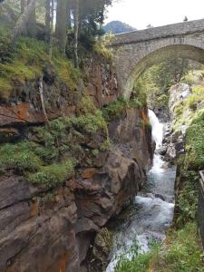 eine Steinbrücke über einen Fluss mit einem Wasserfall in der Unterkunft Le petit montagnard in Cauterets