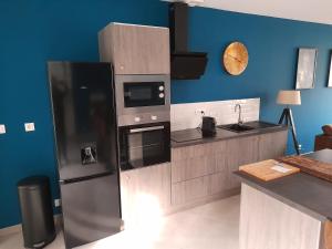 kuchnia z lodówką ze stali nierdzewnej i blatem w obiekcie Appartement moderne et spacieux w mieście Sedan