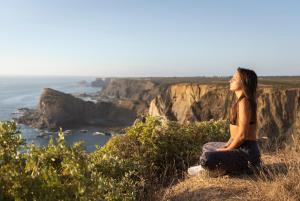 a woman sitting on a cliff overlooking the ocean at Hotel Vale Da Telha in Aljezur