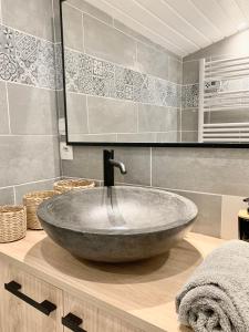 ein Badezimmer mit einem großen Steinwaschbecken auf der Theke in der Unterkunft Charmant Appartement Duplex au calme in Évreux