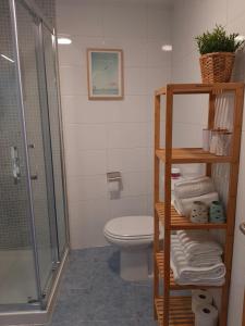 a bathroom with a shower and a toilet and towels at Apto. en zona tranquila próximo a Santiago de C. in Brion