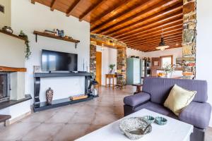 a living room with a couch and a fireplace at Villa Maja in Skopelos Town