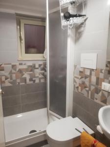 a bathroom with a shower and a toilet and a sink at Monolocale La Chicca in Castellammare del Golfo