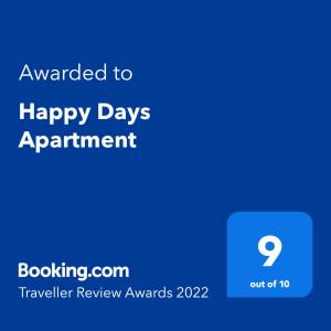 Certifikát, hodnocení, plakát nebo jiný dokument vystavený v ubytování Happy Days Apartment