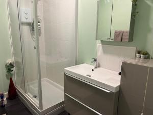 y baño con lavabo y ducha. en Sheffield City Centre , free Wifi & Parking - Private Room - Shared House, en Sheffield