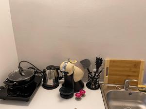 eine Küchentheke mit Kaffeemaschine und Spüle in der Unterkunft Savoya5 Old CityCenter Selfcheckin WorkspaceStudio in Timişoara