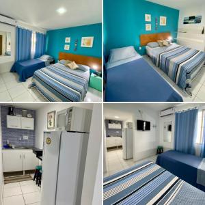 four pictures of a bedroom with two beds and a refrigerator at Apart Hotel Marinas Tamandaré in Tamandaré